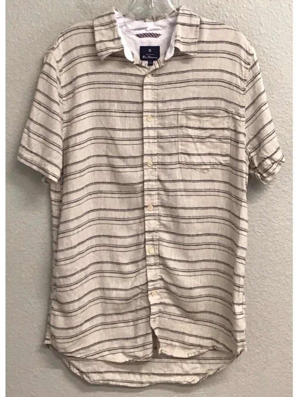 Ben Sherman Mens Large Button Down Shirt Short Sleeve Beige Stripe Linen Blend